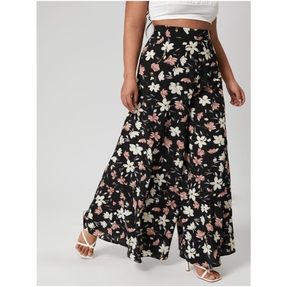 Plus Boho Black Floral Print Palazzo Lounge Wide Leg Pants - Picture 4 of 4